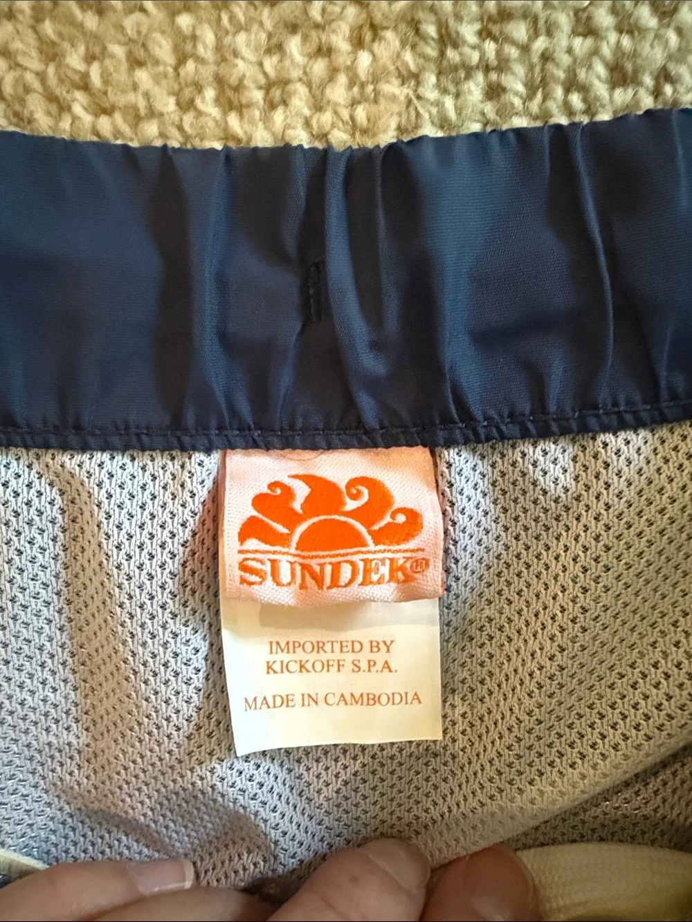 Sundek Boys Navy Blue Swim Trunks with White & Teal Stripes